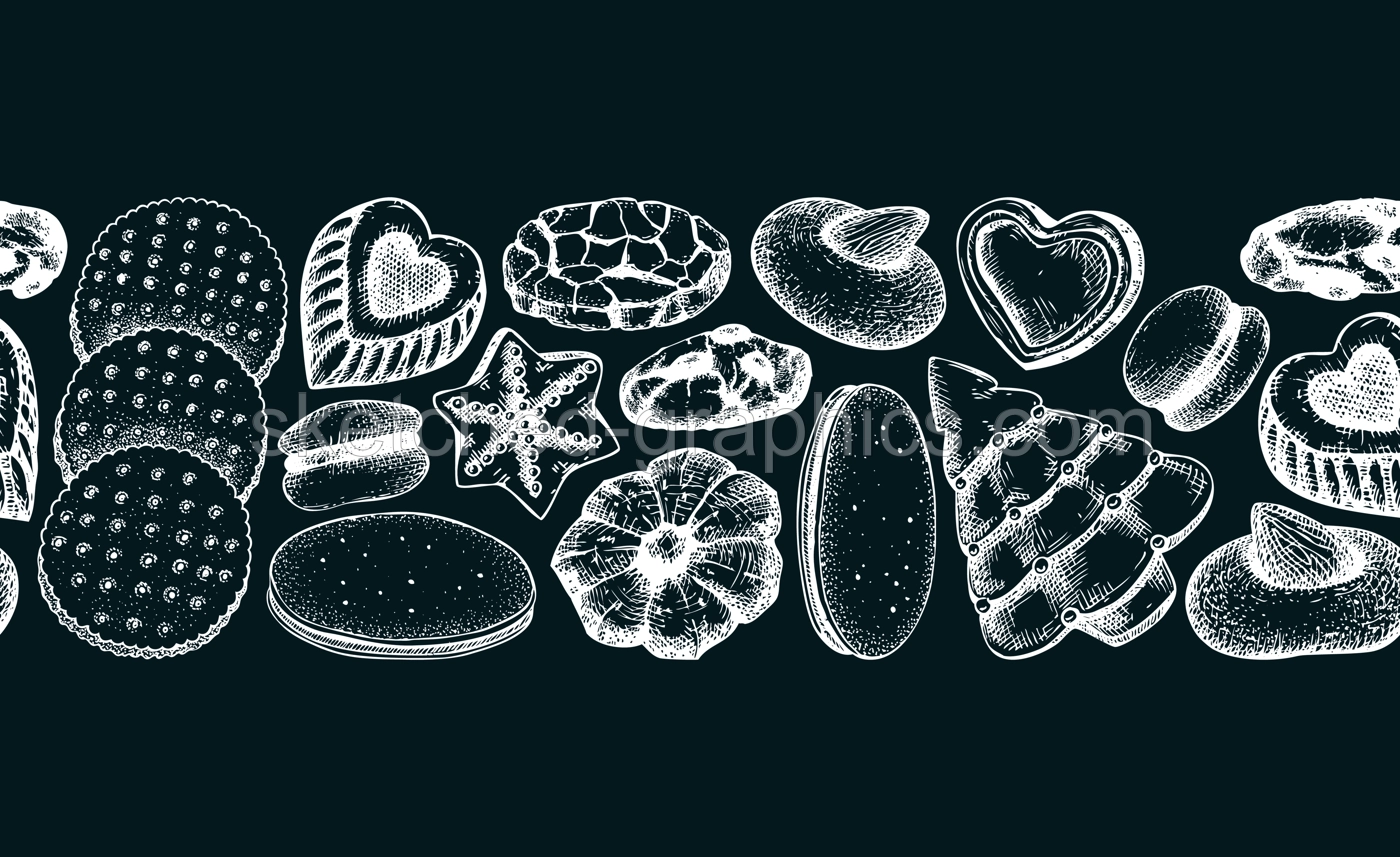 Bakery shop seamless pattern. Cookies background on chalkboard. Cookies with almond, chocolate, jam, crackers, chips hand drawn illustrations Popular pastry ribbon for print, banner, packaging design Illustration
